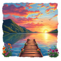 A beautifully crafted illustration of a serene landscape featuring a vibrant sunset over a tranquil lake, surrounded by lush green mountains