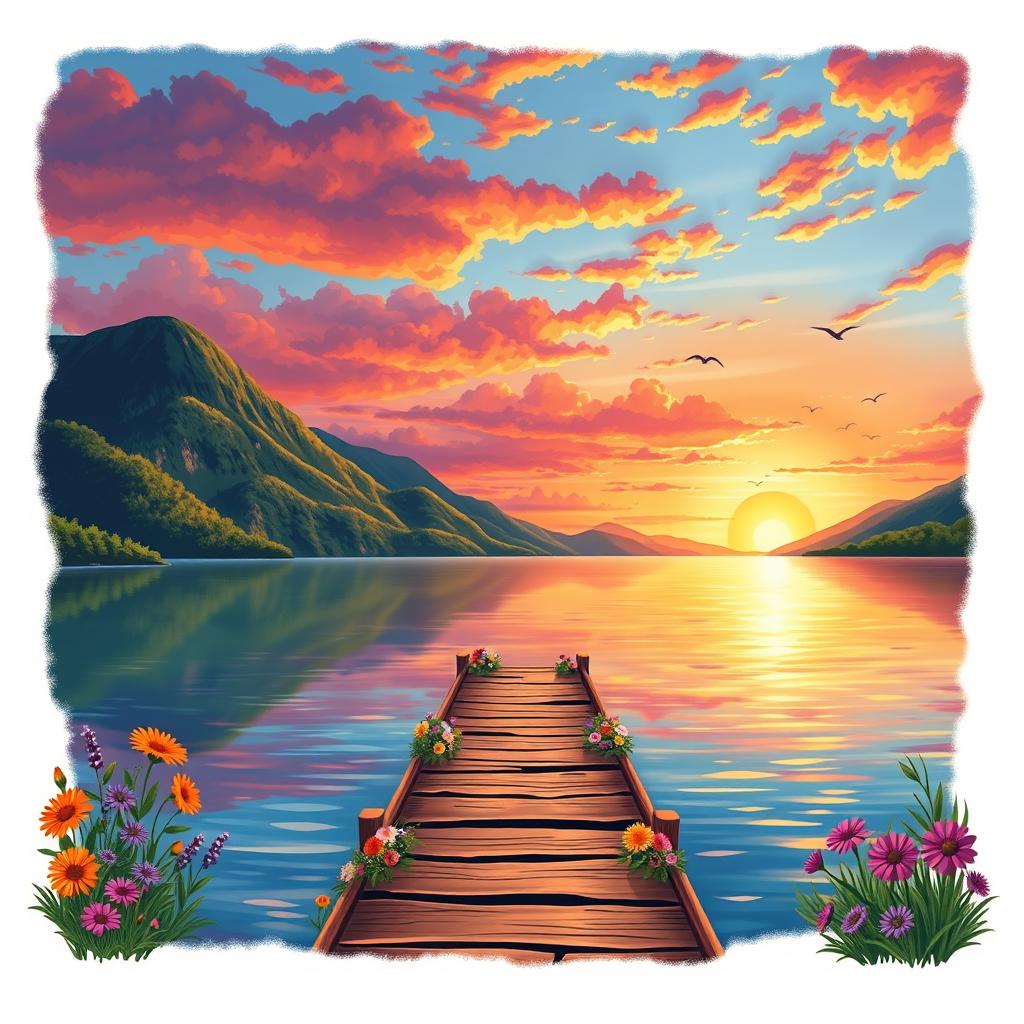 A beautifully crafted illustration of a serene landscape featuring a vibrant sunset over a tranquil lake, surrounded by lush green mountains