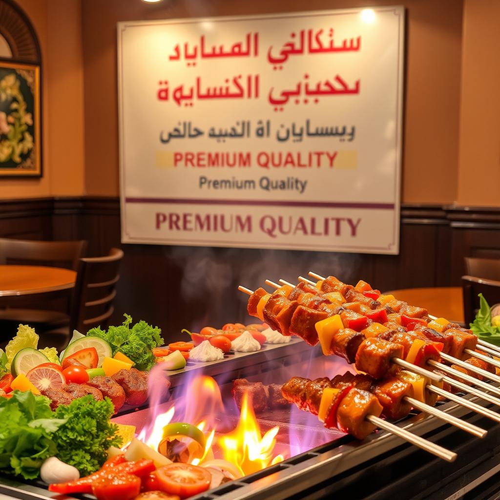 A vibrant and inviting restaurant scene featuring a kabob grill with various types of kabobs sizzling over an open flame