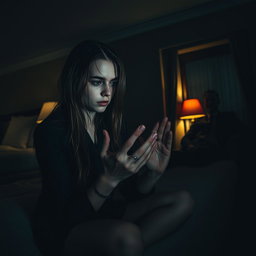 A dark and eerie hotel room, dimly lit by a flickering lamp