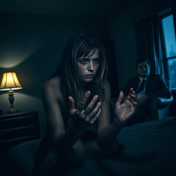 A dark and eerie hotel room, dimly lit by a flickering lamp