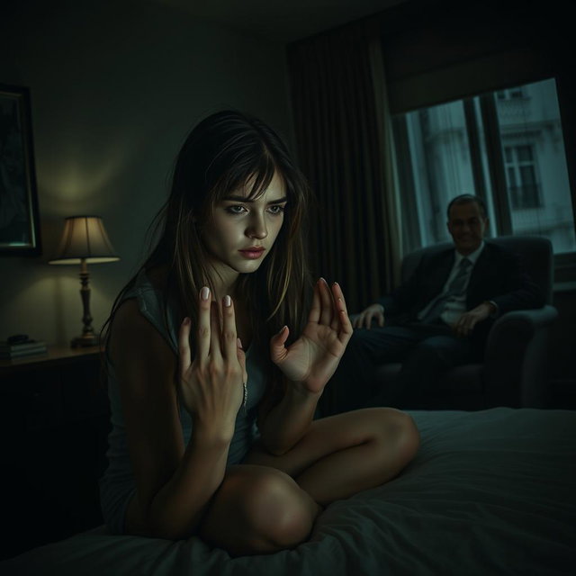 A dark and eerie hotel room, dimly lit by a flickering lamp