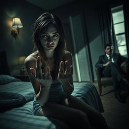 A dark and eerie hotel room, dimly lit by a flickering lamp