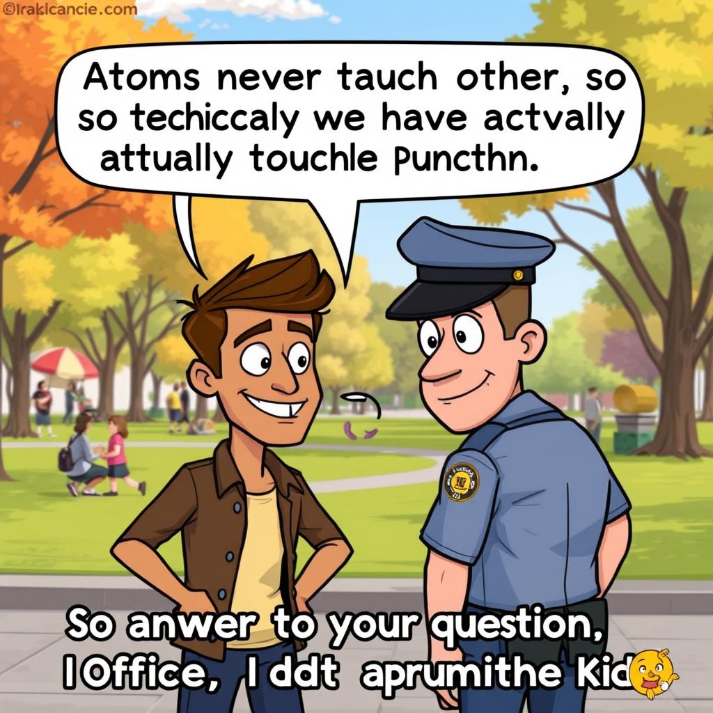 A humorous cartoon scene depicting a person defending themselves against an authority figure, like a police officer, with a playful expression