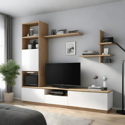 Incorporate a wall-mounted drawer under the 110 cm TV and add some shelves to the left of the TV, all on a 260 cm wall with a 180 cm width closet to the right.