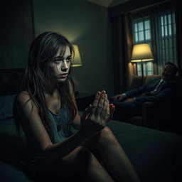 A dark and eerie hotel room, dimly lit by a flickering lamp