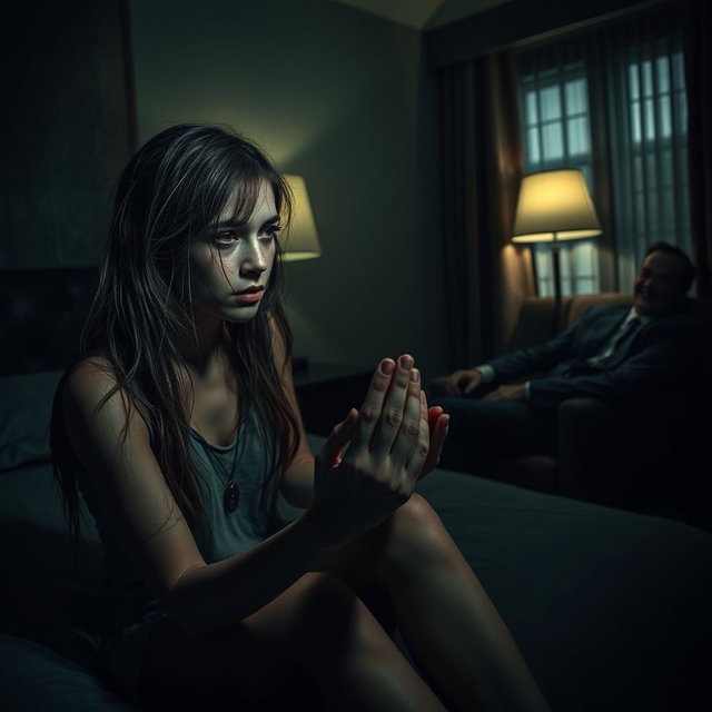 A dark and eerie hotel room, dimly lit by a flickering lamp