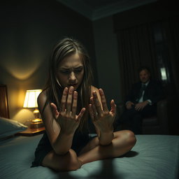 A dark and eerie hotel room, dimly lit by a flickering lamp