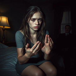 A dark and eerie hotel room, dimly lit by a flickering lamp