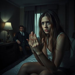 A dark and eerie hotel room, dimly lit by a flickering lamp