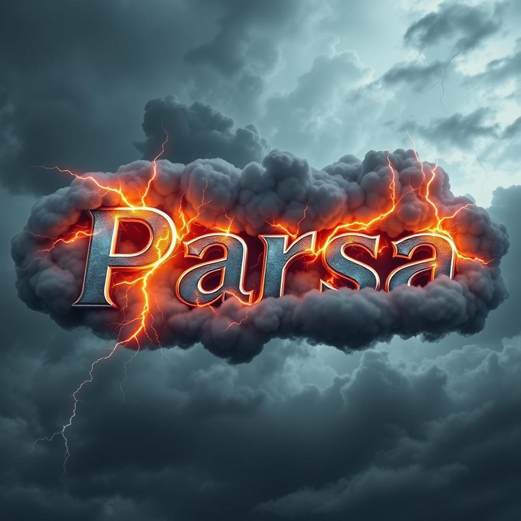 The name 'Parsa' rendered in a stunning 3D style, surrounded by dramatic, fiery lightning bolts striking it, with abundant dark storm clouds swirling around