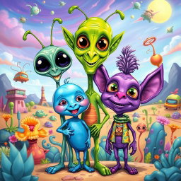 A colorful and whimsical caricature of an alien family, featuring exaggerated features and playful expressions