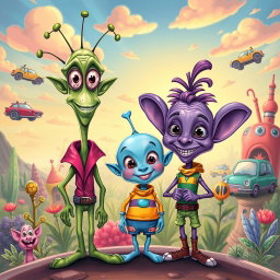 A colorful and whimsical caricature of an alien family, featuring exaggerated features and playful expressions
