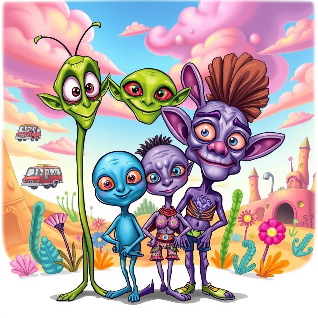 A colorful and whimsical caricature of an alien family, featuring exaggerated features and playful expressions