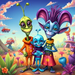 A colorful and whimsical caricature of an alien family, featuring exaggerated features and playful expressions
