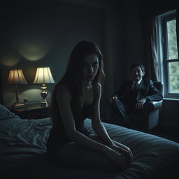 A dark and eerie hotel room, dimly lit by a flickering lamp