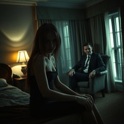 A dark and eerie hotel room, dimly lit by a flickering lamp