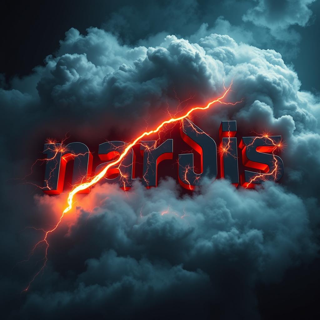 A 3D representation of the name "پارسا" (Pardis) with fiery lightning striking it, surrounded by dark, swirling storm clouds