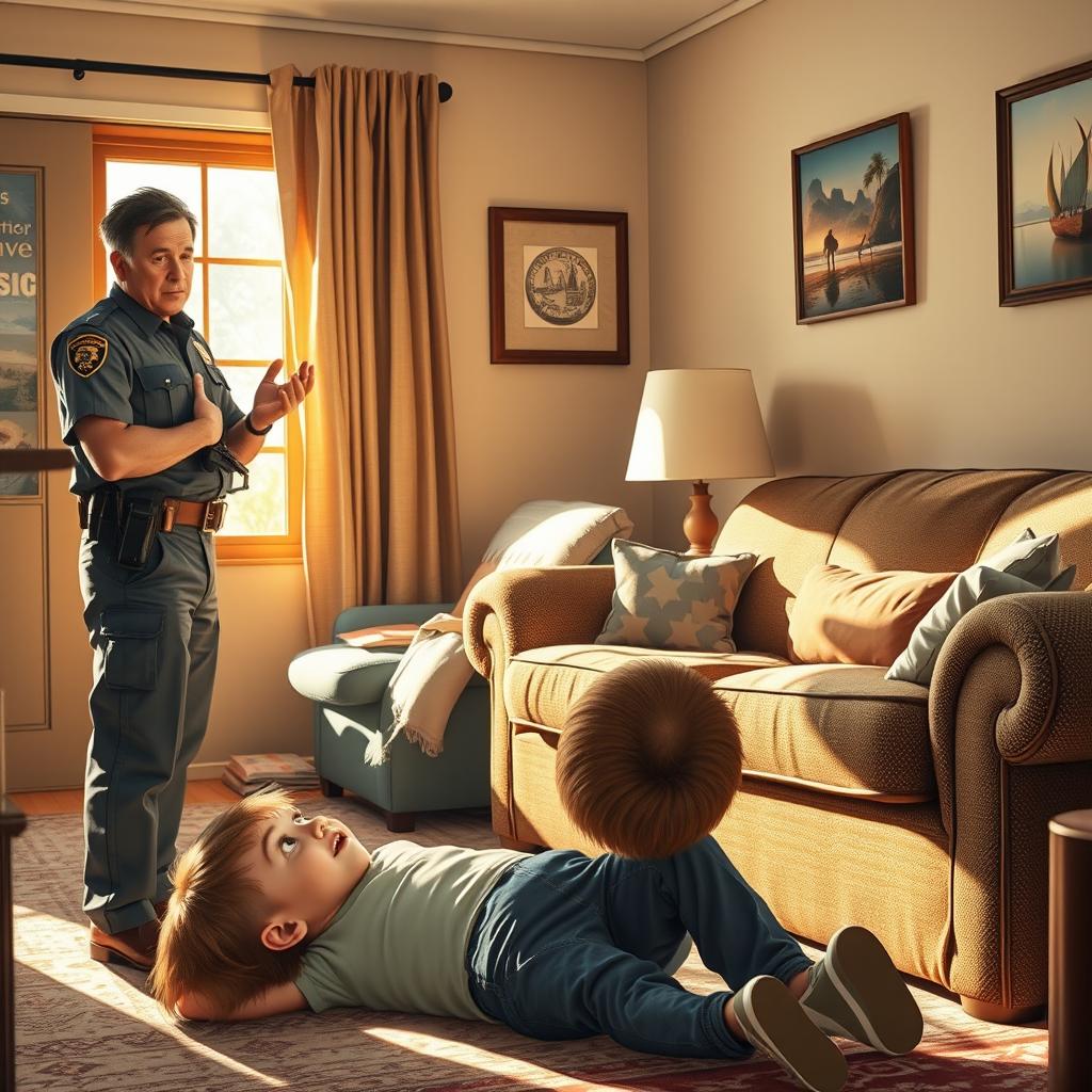 A humorous scene depicting a man animatedly explaining to a police officer in a casual setting