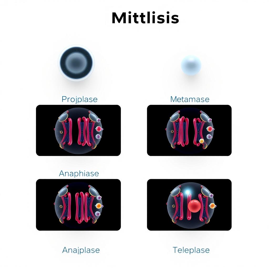 A series of four high-resolution 3D illustrations depicting the stages of mitosis: Prophase, Metaphase, Anaphase, and Telophase