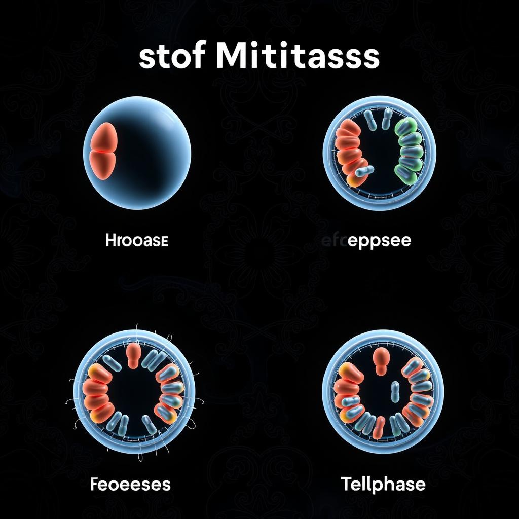 A sequence of four high-resolution 3D illustrations illustrating the stages of mitosis: Prophase, Metaphase, Anaphase, and Telophase