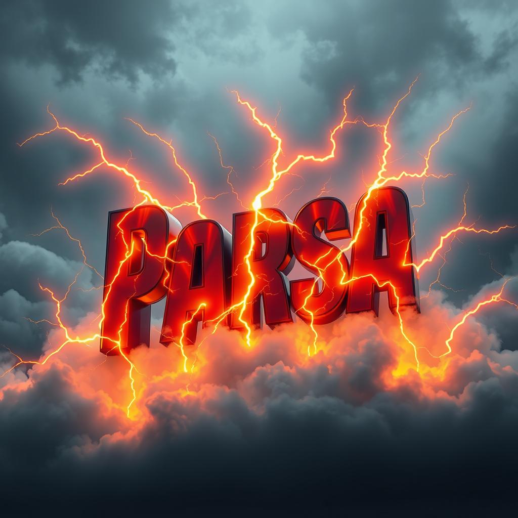 A three-dimensional representation of the name 'Parsa', glowing with vibrant fiery lightning effects that weave through and around the letters
