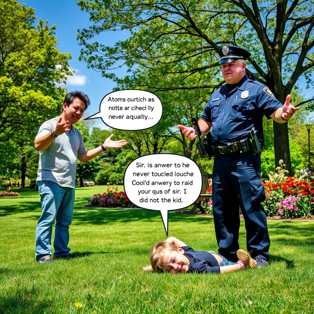 A whimsical outdoor scene in a park where a child lies on the grass with eyes closed, appearing peaceful and serene