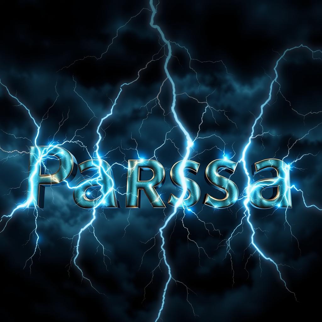 The name 'Parsa' prominently displayed in a dramatic scene with several lightning bolts striking it, the letters glowing brightly amidst a dark stormy sky