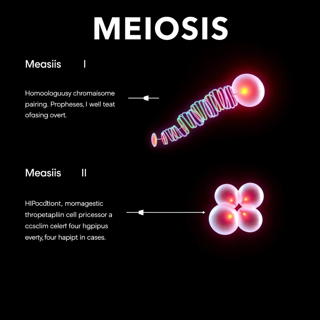 A detailed scientific 3D visualization of meiosis, split into two distinct phases: Meiosis I and Meiosis II
