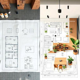 A side-by-side comparison of an old blueprint of a residential space on the left and a beautifully redesigned blueprint of a coffee shop space on the right