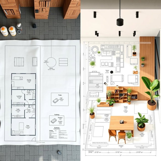 A side-by-side comparison of an old blueprint of a residential space on the left and a beautifully redesigned blueprint of a coffee shop space on the right