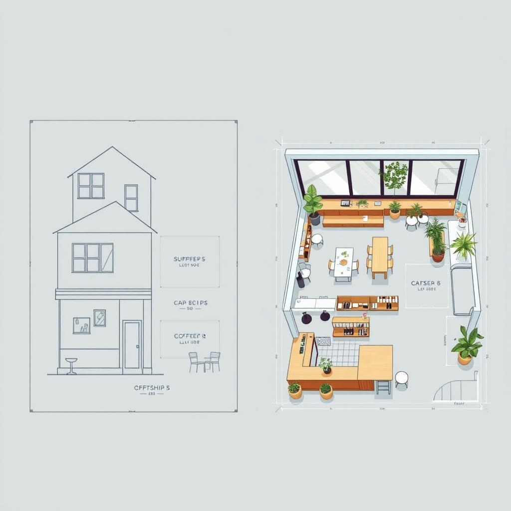 A side-by-side comparison of an old blueprint of a residential space on the left and a beautifully redesigned blueprint of a coffee shop space on the right