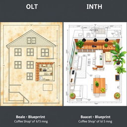A side-by-side comparison of an old blueprint of a residential space on the left and a beautifully redesigned blueprint of a coffee shop space on the right