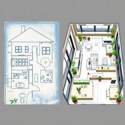 A side-by-side comparison of an old blueprint of a residential space on the left and a beautifully redesigned blueprint of a coffee shop space on the right