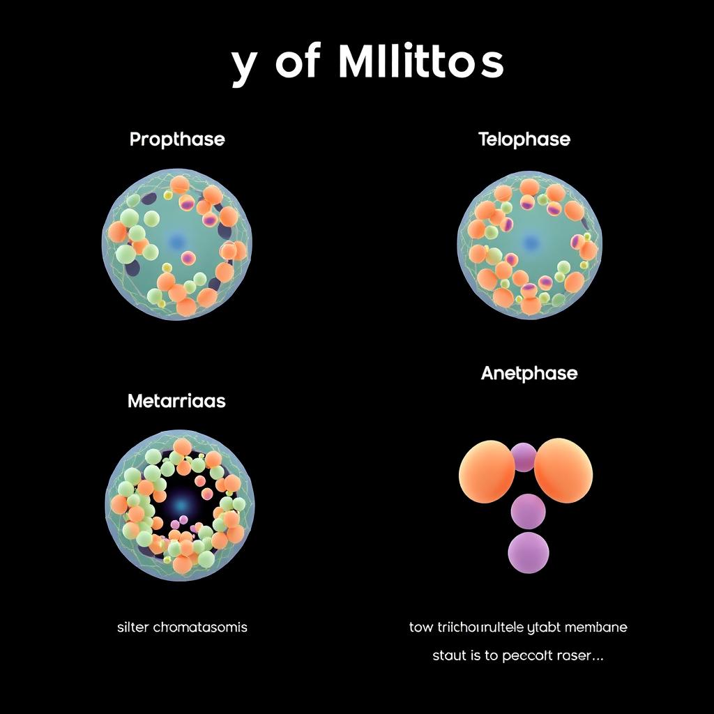 A sequence of four high-resolution 3D illustrations depicting the stages of mitosis: Prophase, Metaphase, Anaphase, and Telophase