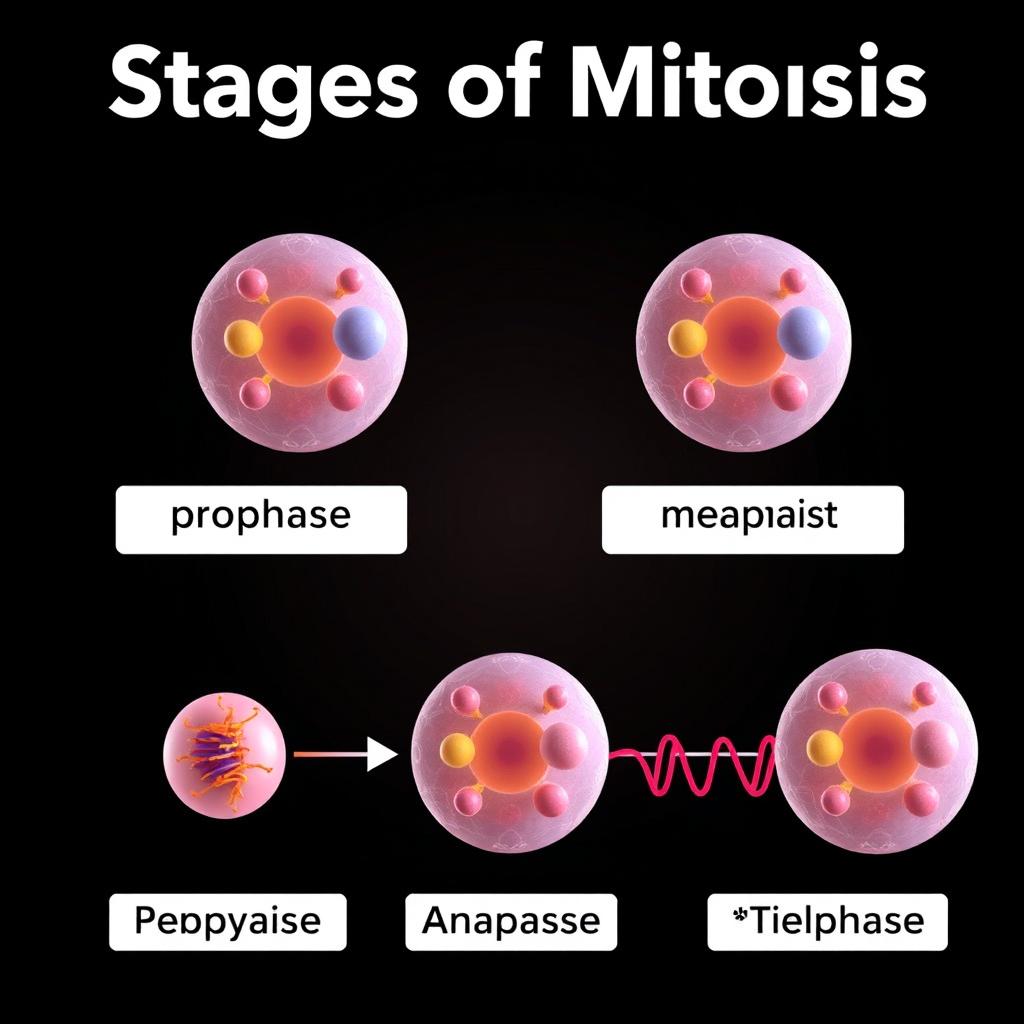 A sequence of four high-resolution 3D illustrations depicting the stages of mitosis: Prophase, Metaphase, Anaphase, and Telophase