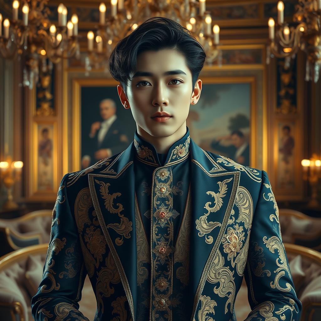 A luxurious portrait of a man resembling Taehyung (V from BTS), dressed in an elegant, opulent outfit featuring intricate designs and rich fabrics