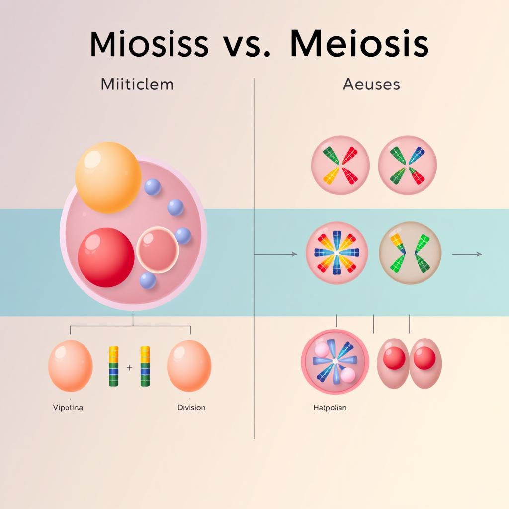 A visually appealing scientific diagram comparing mitosis and meiosis side-by-side