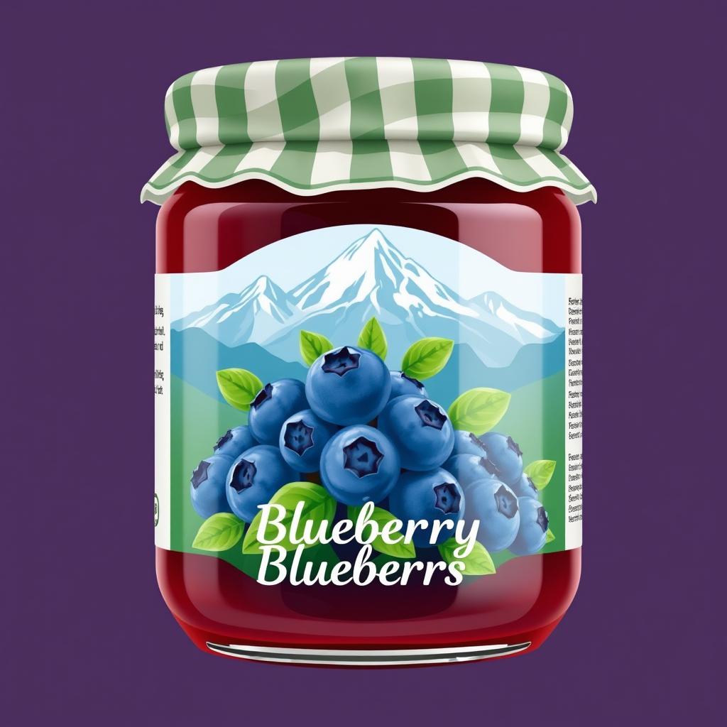 A beautifully designed jam jar label featuring a mountainous backdrop, with a vibrant and visually appealing illustration of blueberries arranged stylishly, reflecting the frondosity and structure of a reference image