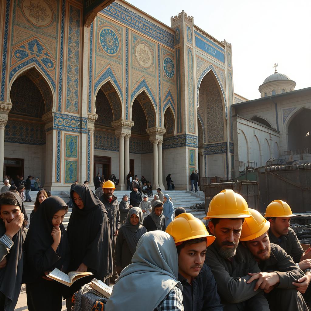 A captivating scene combining the iconic landmark of Tehran University, showcasing its stunning Iranian architecture with intricate tile work and grand arches, alongside an old, weathered workshop