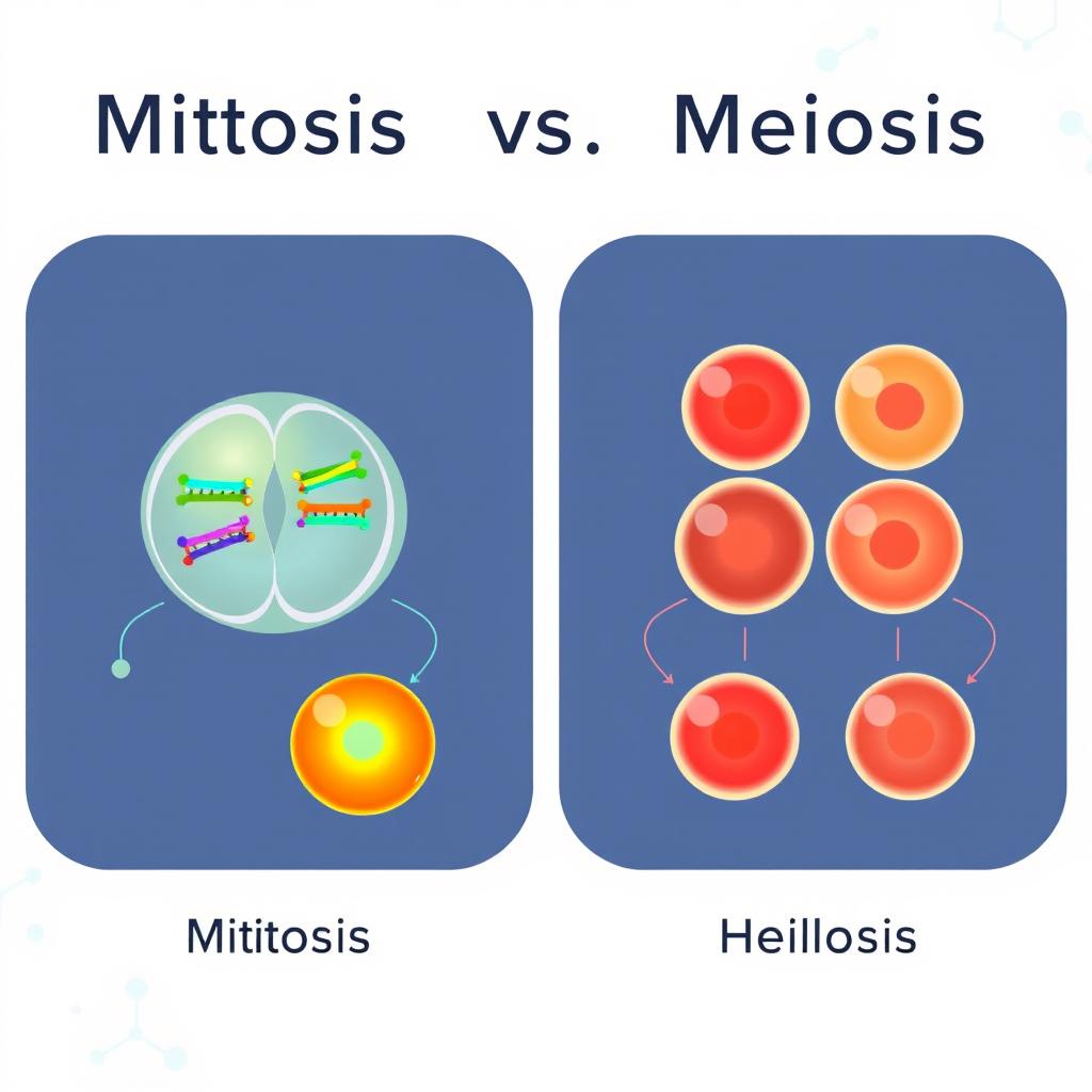 A scientifically accurate and visually appealing diagram illustrating the side-by-side comparison of mitosis and meiosis