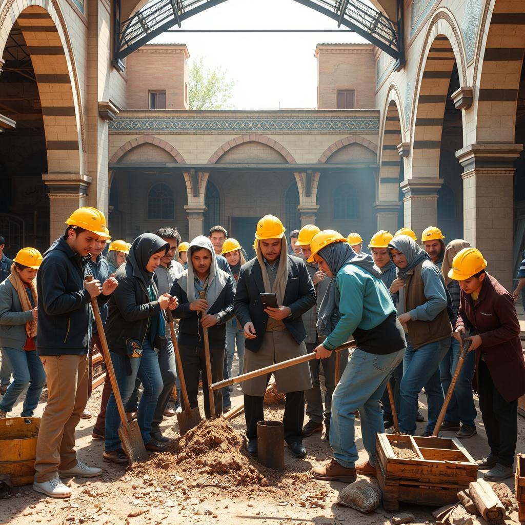 An engaging scene that combines the iconic Iranian architecture of Tehran University with an old workshop setting