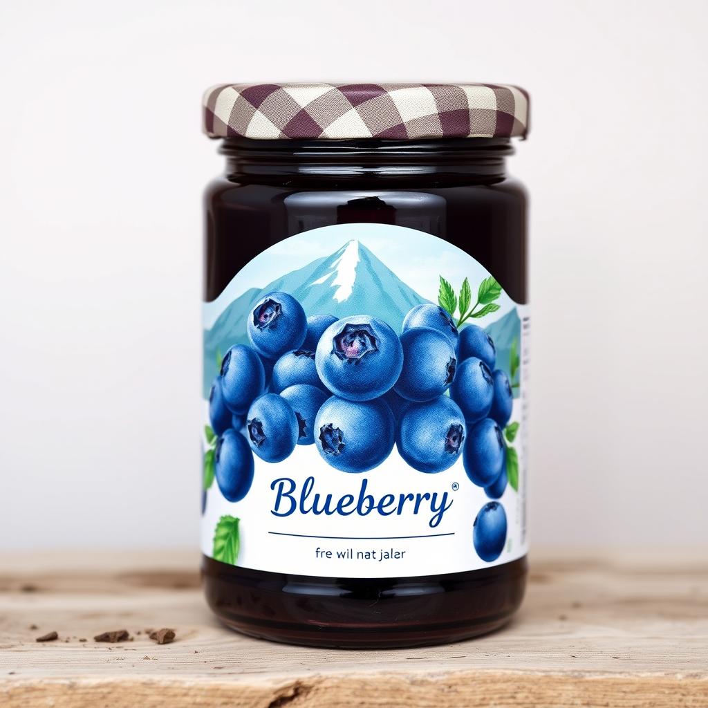 A beautifully designed jam label featuring a mountainous backdrop with a vibrant and visually appealing illustration of blueberries