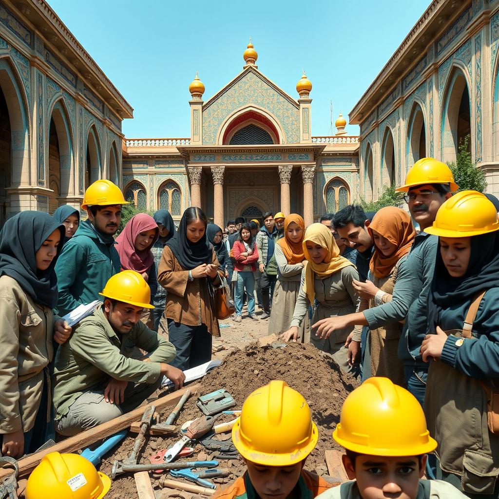 A vibrant scene depicting a university campus that harmoniously blends Iranian architecture inspired by Tehran University with elements of an old workshop