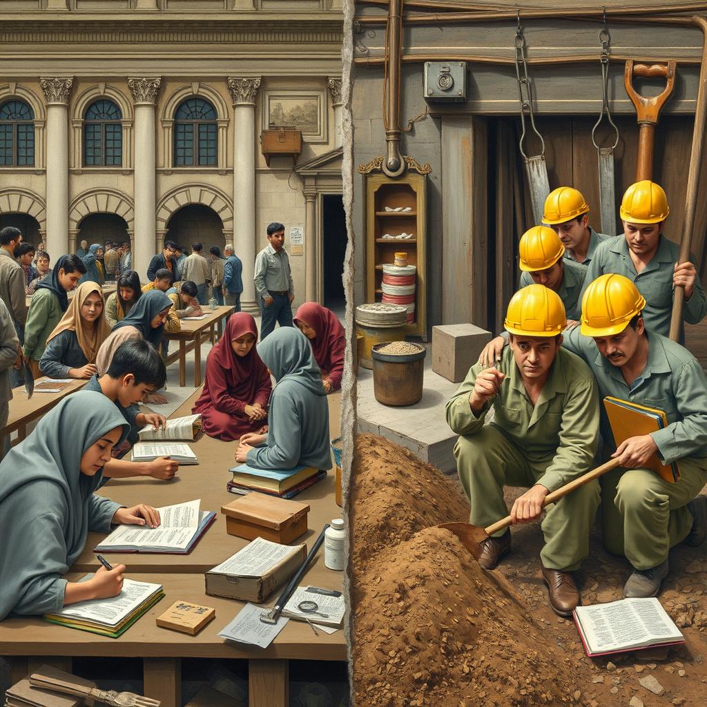 A detailed depiction of a university scene combining elements of Tehran University and an old workshop
