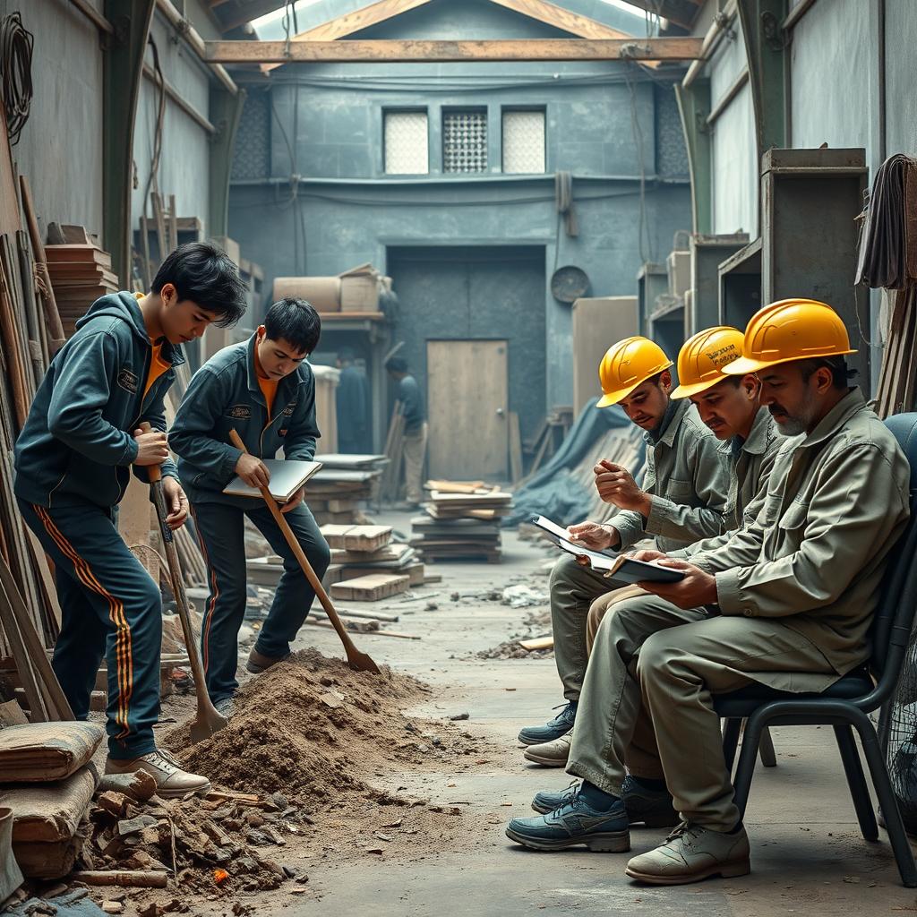 A dynamic and engaging scene that illustrates a blend of a university environment inspired by Tehran University and an old workshop