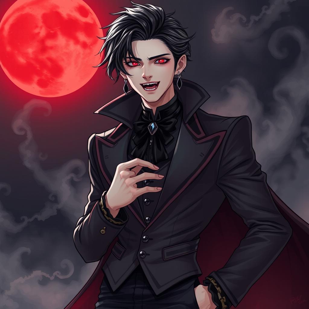 A striking illustration of a vampire BTS member, featuring their iconic style blended with an elegant yet dark vampire aesthetic
