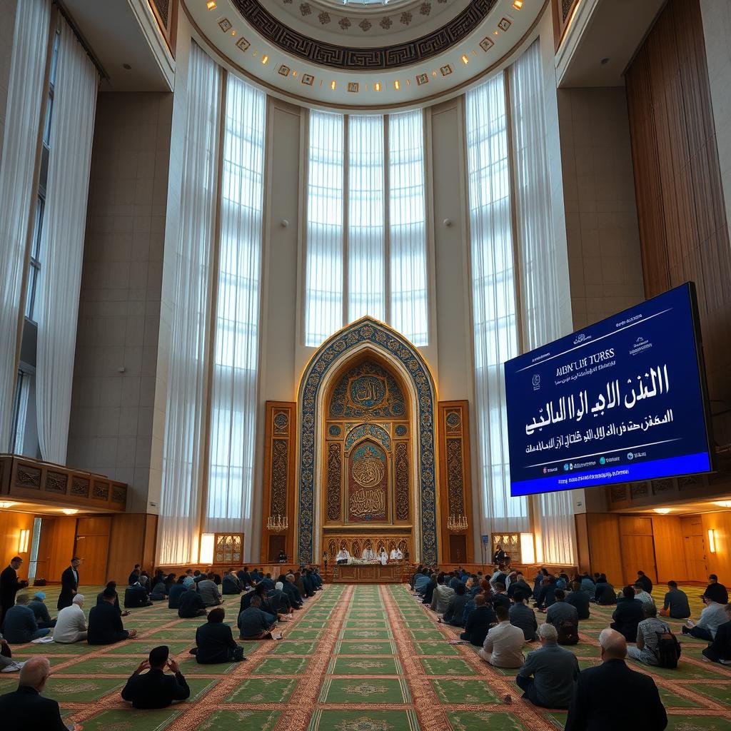 An interior view of a mosque blending modern and traditional design, featuring a beautiful mihrab adorned with Iranian Islamic tile work at its center
