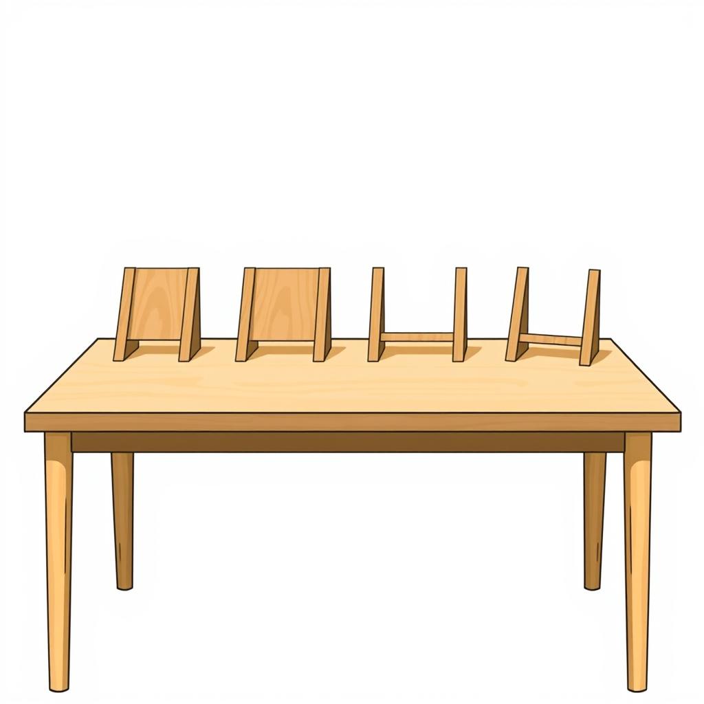 A design illustration featuring four short and relatively small wooden study stands arranged aesthetically on a rectangular table