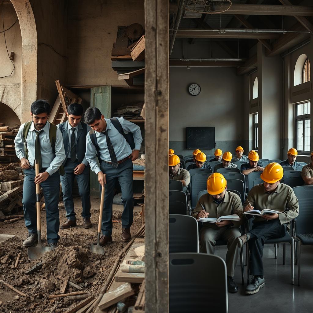 A striking image that seamlessly combines the essence of Tehran University with an old workshop setting